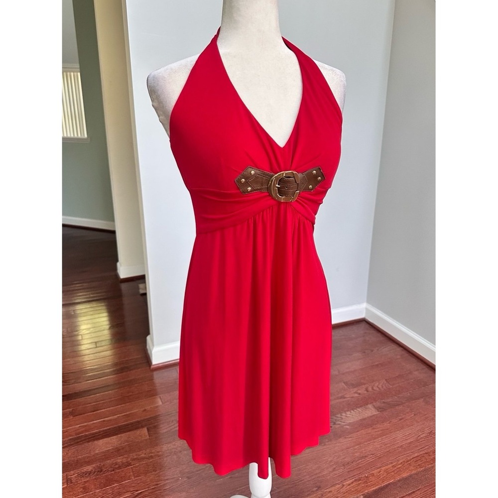 Vintage Cache Red Brown Silver Halter Neck Plunge Sexy Cocktail Dress Large - Picture 2 of 12